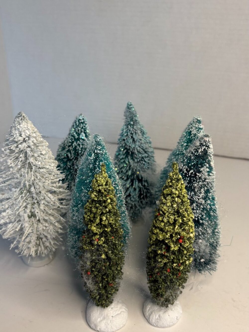 Christmas Village Bottle Brush Trees – Lot of 8 – 7” Snowy Miniature Trees